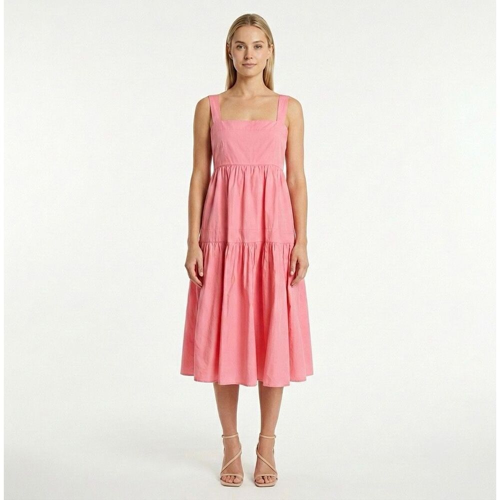 Three Graces London Cosette Midi Dress S Pink Coral Tiered Cotton Square Neck